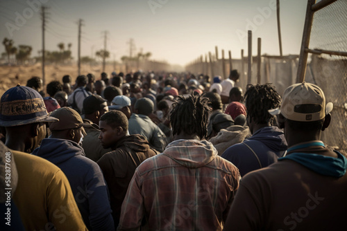 Fotografiet abstract, endless queue of refugees, fictitious place and people