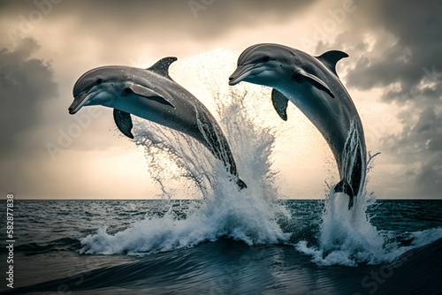 two dolphins are jumping out of the water  Generative AI