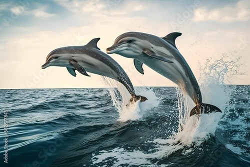 two dolphins are jumping out of the water, Generative AI © Tutorieleasyway