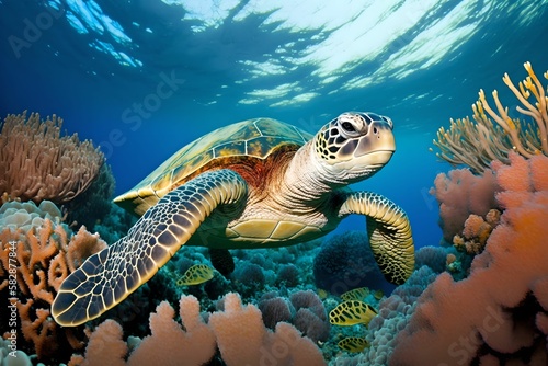 Sea turtle swimming over coral reefs, Generative AI © Tutorieleasyway