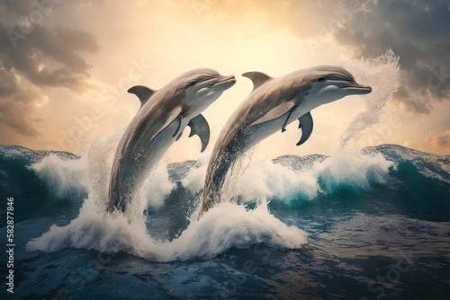 two dolphins are jumping out of the water  Generative AI