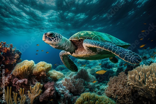 Sea turtle swimming over coral reefs, Generative AI