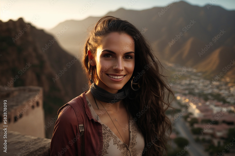 young woman on a vantage point or hill in front of an old town, fictitious place. Generative AI