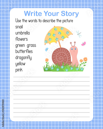 Write a story the English language grammar elementary level for kids, learning concept vector illustration, educational worksheet describe a picture using topical vocabulary words