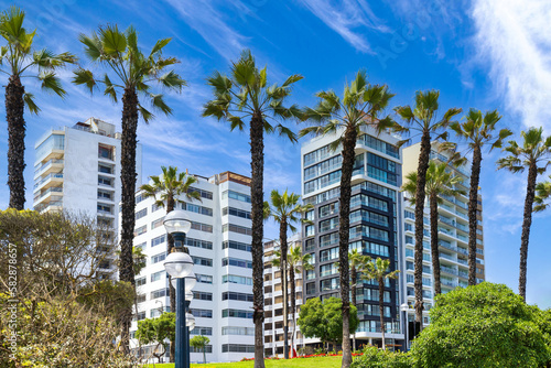 Peru, luxury condominiums located near Miraflores Lima Malecon promenade on the ocean shore.