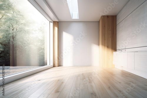 Interior template in white. white painted concrete walls with a window and a light colored timber floor. Generative AI