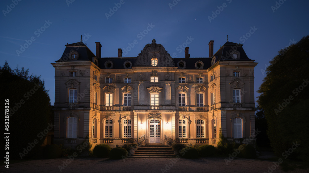 External view of a French chateau at night. AI generated.