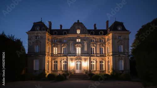 External view of a French chateau at night. AI generated.
