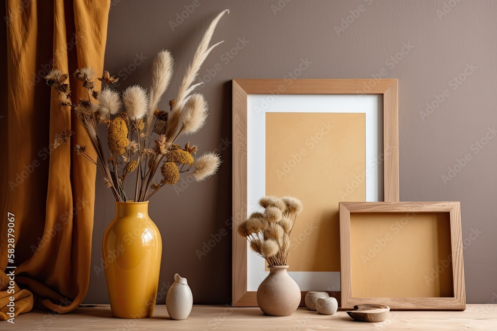 A wooden frame in a creative setting, next to dried flowers in a clay vase, is covered in a mustard colored cloth. Generative AI A wooden frame in a creative setting, next to dried flowers in a clay vase, is covered in a mustard colored cloth. Generative AI