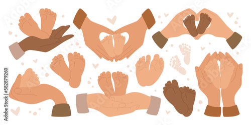 Baby feet flat illustrations set. Hand cover infant foot newborn child small cute toes. Footprint of newborn