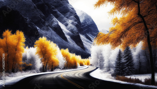Snowy road in mountains. Autumn trees. Beautiful landscape. Generative AI.