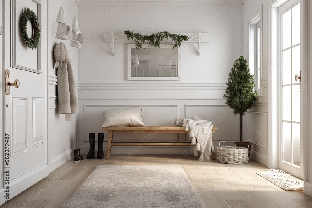 Holiday farmhouse entrance. White wall and wooden bench nearby. Mockup of an interior. Generative AI Holiday farmhouse entrance. White wall and wooden bench nearby. Mockup of an interior. Generative AI