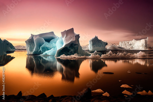 Antarctic ocean, iceberg landscape, turquoise and blue water, sunny day. Multi color illustration.