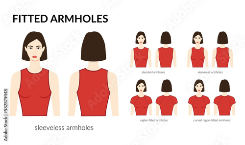 Set of Fitted armhole short length standard, sleeveless, curved raglan sleeves clothes technical fashion illustration with fitted body. Flat apparel template front, back side. Women, men unisex CAD