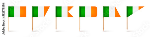 Realistic various Irish toothpick flags. Souvenir from Ireland. Wooden toothpicks with paper flag. Location mark, map pointer. Blank mockup for advertising and promotions. Vector illustration