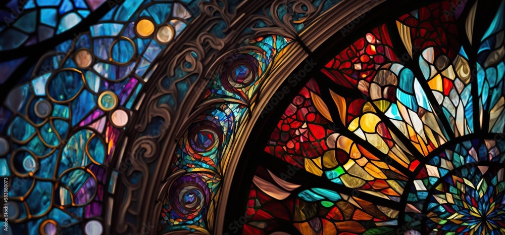 Intricate stained glass art with various shades of colorful glass pieces arranged in artistic pattern, concept of Religious Symbolism and Ornamental Design, created with Generative AI technology Intricate stained glass art with various shades of colorful glass pieces arranged in artistic pattern, concept of Religious Symbolism and Ornamental Design, created with Generative AI technology
