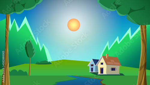 Paisagem com Árvores, Riacho, Casas e Plantas.