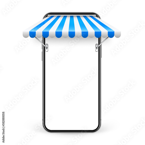 Smartphone with shop sunshade and metal mount, online internet shopping. Realistic blue striped cafe awning. Outdoor market tent. Roof canopy. Summer street store. Vector illustration