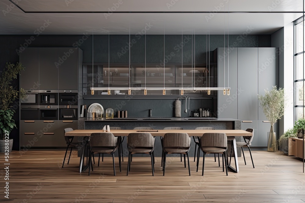 Interior of a contemporary kitchen with gray walls, a parquet floor, and gray worktops. a substantial table with chairs close around. Placing a mock up of a poster. Generative AI