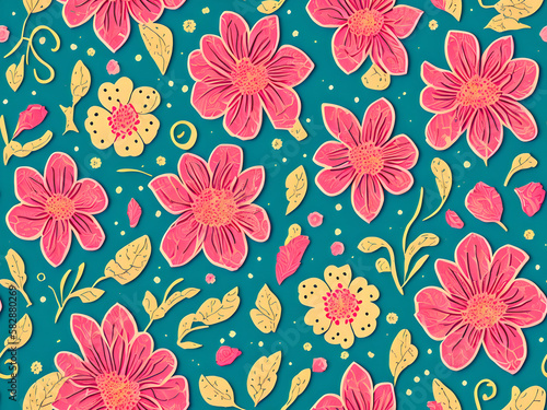 red and yellow on green background floral seamless pattern created using generative ai technology