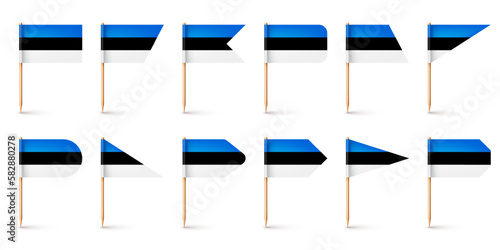 Realistic various Estonian toothpick flags. Souvenir from Estonia. Wooden toothpicks with paper flag. Location mark, map pointer. Blank mockup for advertising and promotions. Vector illustration