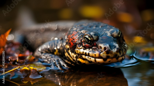A captivatingly enigmatic, detailed, colorful, and mesmerizing image of a Chinese Giant Salamander swimming through a pond. AI Generated