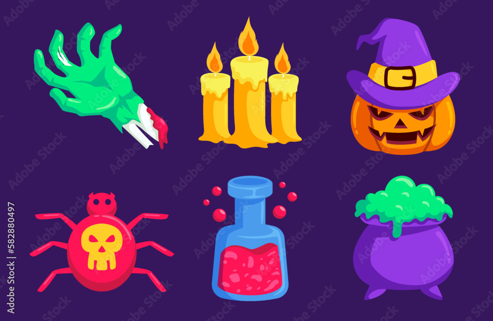 Halloween element vector set with wounded hand, candles, pumpkin lantern, spider and witch symbol. Halloween element vector set with wounded hand, candles, pumpkin lantern, spider and witch symbol.