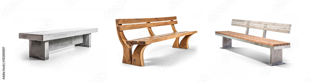 set of various style designs of park or outdoor waiting bench isolated with transparent background cutout - Generative AI - obrazy, fototapety, plakaty 