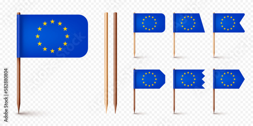 Realistic various European toothpick flags. Souvenir from Europe. Wooden toothpicks with paper flag. Location mark, map pointer. Blank mockup for advertising and promotions. Vector illustration