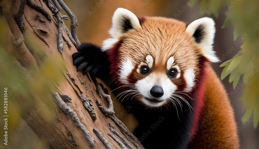 Obraz premium A baby red panda climbing a tree. AI Generated
