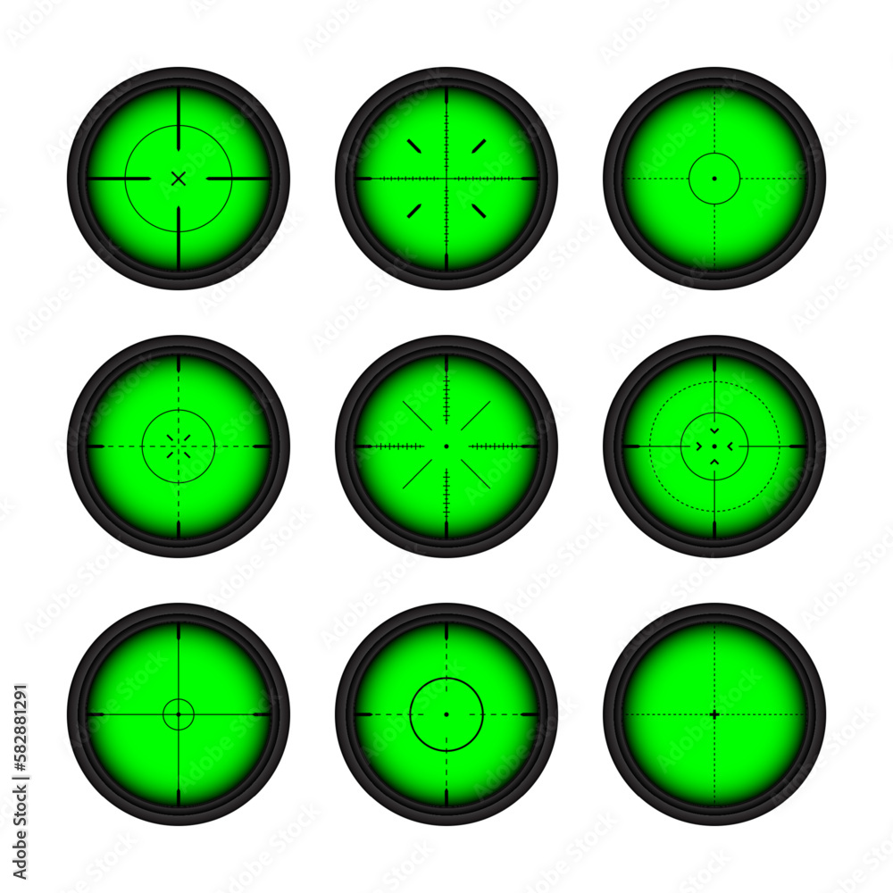 Various weapon night sights, sniper rifle optical scopes. Hunting gun viewfinder with crosshair. Aim, shooting mark symbol. Military target sign, silhouette. Game UI element. Vector illustration Various weapon night sights, sniper rifle optical scopes. Hunting gun viewfinder with crosshair. Aim, shooting mark symbol. Military target sign, silhouette. Game UI element. Vector illustration