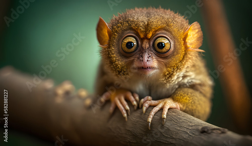 A captivatingly curious, detailed, colorful, and mesmerizing image of a Siau Island tarsier sitting on a branch. AI Generated photo