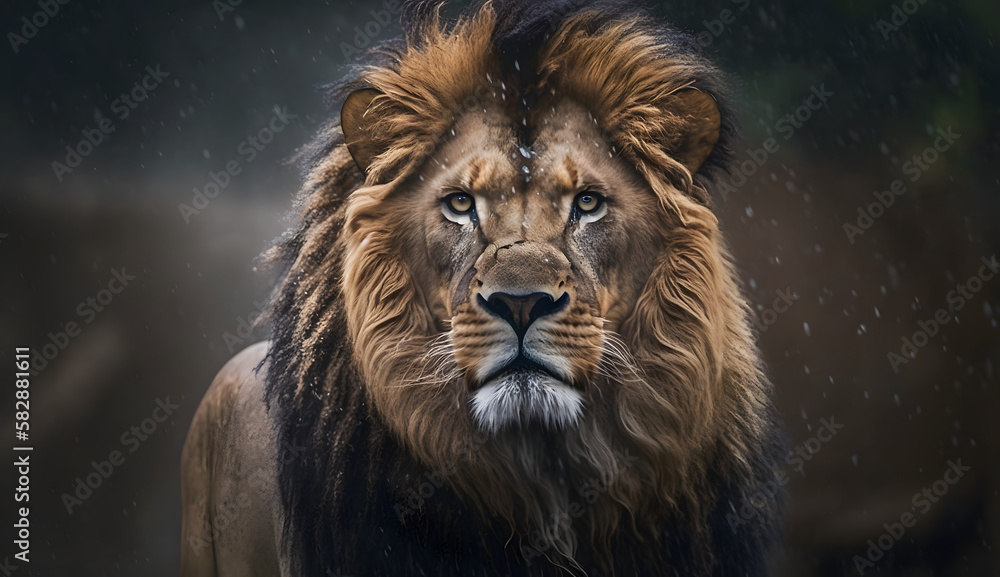 A strikingly ferocious smf powerful lion on a moody day. AI Generated