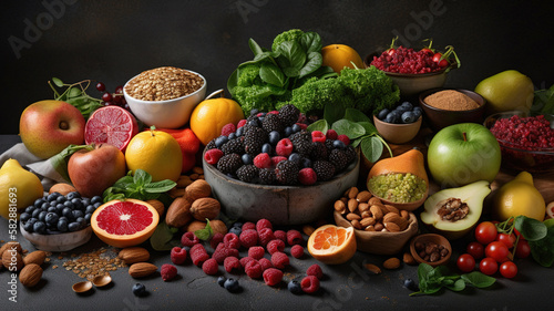 Healthy food clean eating selection fruit, superfood, seeds, cereal, vegetable, leaf vegetable on gray