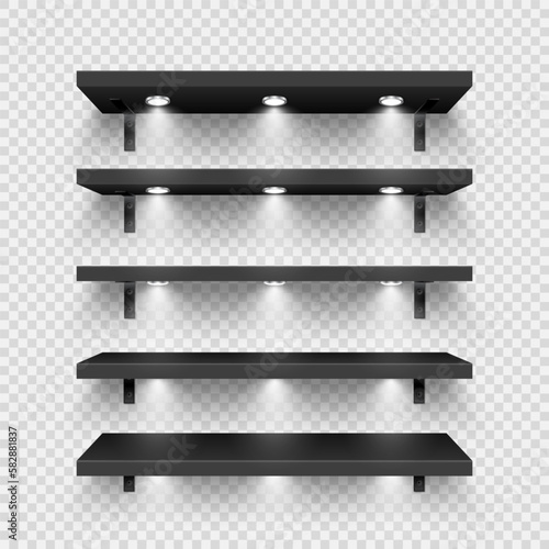 Realistic black store shelves with wall mount and lighting, spotlights. Empty product shelf, grocery wall rack. Mall and supermarket furniture, bookshelf. Modern interior design. Vector illustration