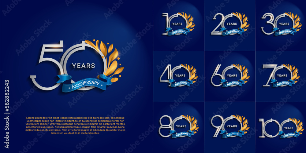 set of anniversary logotype silver and gold color, ornament and blue ribbon for special celebration event - obrazy, fototapety, plakaty 