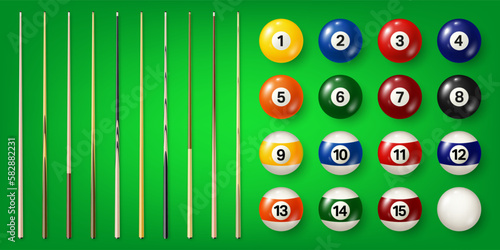 Colorful billiard balls with numbers and various pool cues on green background. Glossy snooker ball. Sports equipment. Vector illustration