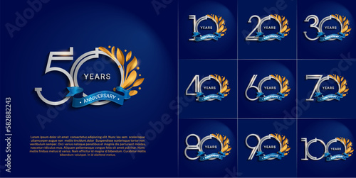 set of anniversary logotype silver and gold color, ornament and blue ribbon for special celebration event