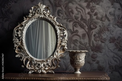 White vintage mirror or frame, top view. For mockups, a photo montage may be used. Generative AI