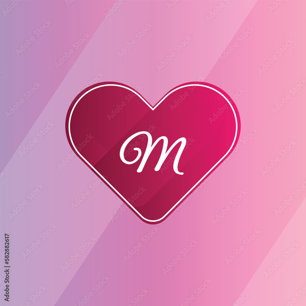Initial M Logo with Pink Heart Icon. Letter M Concept with Love. Vector Illustration.