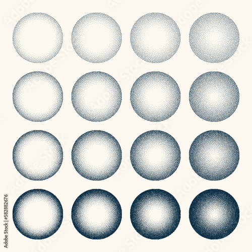 Round shaped dotted objects, vintage stipple elements. Fading gradient. Stippling, dotwork drawing, shading using dots. Halftone disintegration effect. White noise grainy texture. Vector illustration