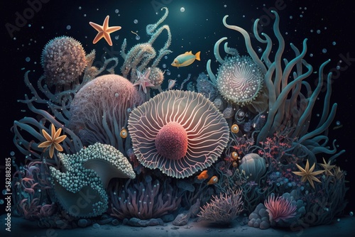 Colorful Companions: Anemones and Sea Stars of the Ocean Depths. Generative AI