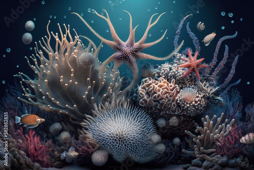 Colorful Companions: Anemones and Sea Stars of the Ocean Depths. Generative AI