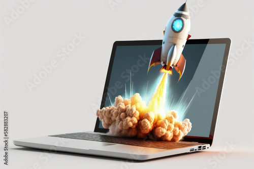 Blast Off into the Digital World: Laptop with Rocket Emerging from Screen. Generative AI