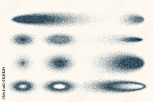 Stipple shadows set, vintage dotted design elements. Fading gradient. Stippling, dotwork drawing, shading using dots. Halftone disintegration effect. White noise grainy texture. Vector illustration
