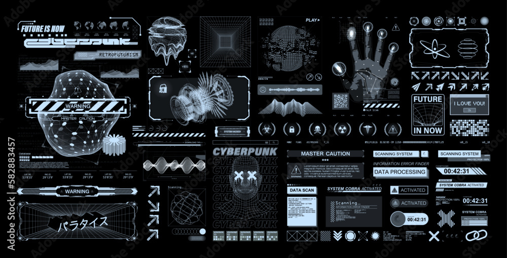 Retrofuturistic, y2k, HUD elements collection. Callouts, notes, emblems ...