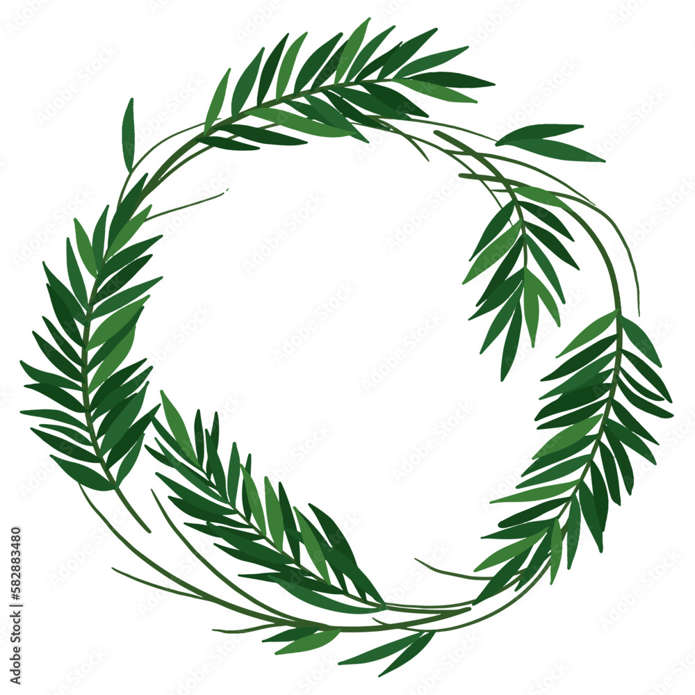 Natural beautiful wreath with flowers and leaves in doodle style. Floral round frame, template for greeting cards or congratulations. Circular foliage border, vector illustration