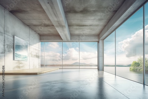 interior of empty, blank concrete with lots of natural light and a mock up location on the wall. Living and gallery concept. the sky. Generative AI