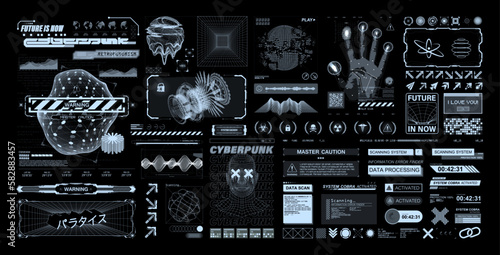Retrofuturistic, y2k, HUD elements collection. Callouts, notes, emblems, holograms, icons, logo, warning signs in futuristic cyberpunk style. HUD, y2k, UI digital graphic box. Vector elements set © SergeyBitos