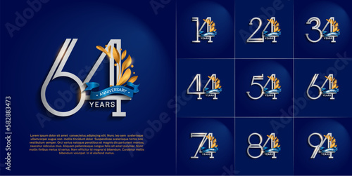 set of anniversary logotype silver and gold color, ornament and blue ribbon for special celebration event